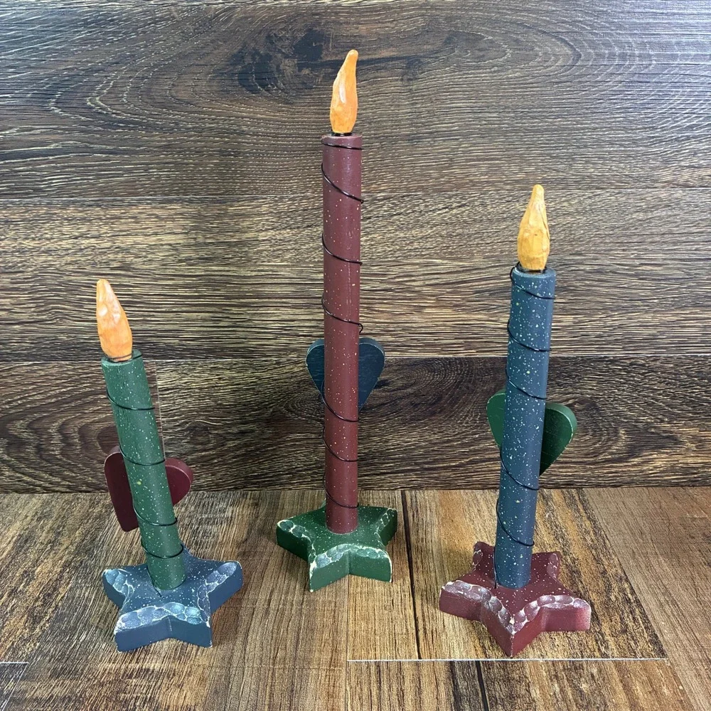 Primitive Wooden Candle Set 3 Rustic Heart Star Base Distressed Folk Art Decor
